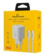 POWERTECH φορτιστής τοίχου PT-1351 με καλώδιο, USB/USB-C, 36W, GaN, λευκός - Image 2