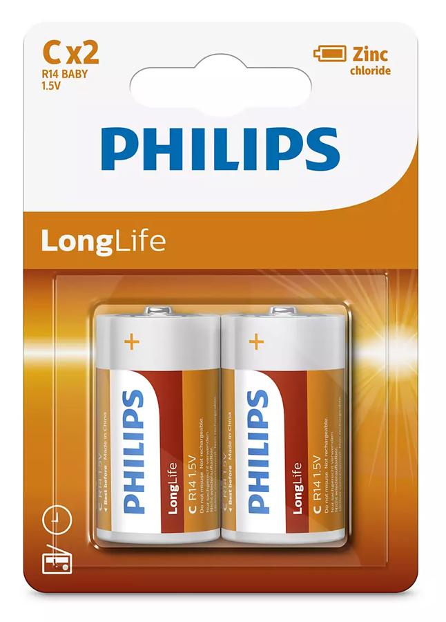 R14L2B-10 PHILIPS LongLife Zinc chloride μπαταρίες R14L2B/10, R14 1.5V, 2τμχ - Image 1