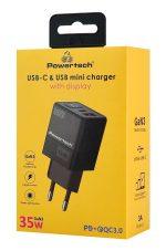 POWERTECH φορτιστής τοίχου PT-1499 με οθόνη, USB/USB-C, 35W, GaN, μαύρος - Image 4