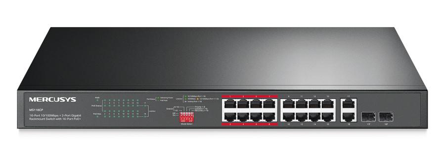 MS118CP MERCUSYS rackmount switch MS118CP, 16x 10/100Mbps PoE+ & 2x Gigabit θύρες, UN/1.0 - Image 1