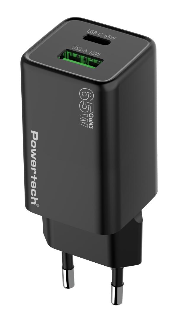 PT-1501 POWERTECH φορτιστής τοίχου PT-1501, USB/USB-C, 65W, GaN, μαύρος - Image 1