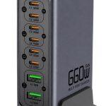 POWERTECH σταθμός φόρτισης PT-1621, 2x USB & 6x USB-C, GaN, 140W, γκρι