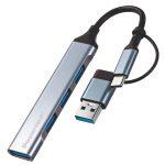 POWERTECH USB hub PTR-0206, 4x θυρών, USB 3.0, 5Gbps, USB & USB-C σύνδεση, γκρι
