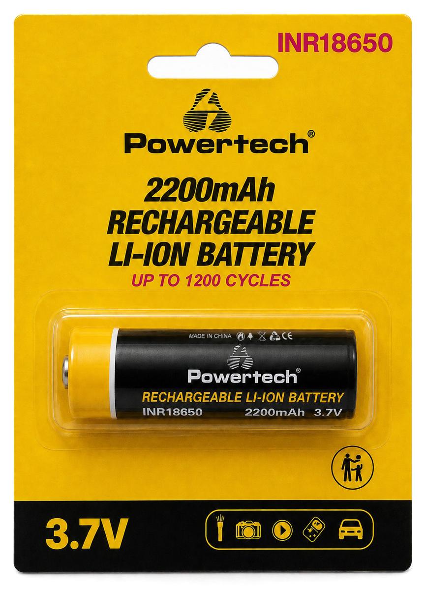 PT-1614 POWERTECH επαναφορτιζόμενη μπαταρία Li-ion INR18650 PT-1614, 2200mAh, 3.7V, button top, 1τμχ - Image 1